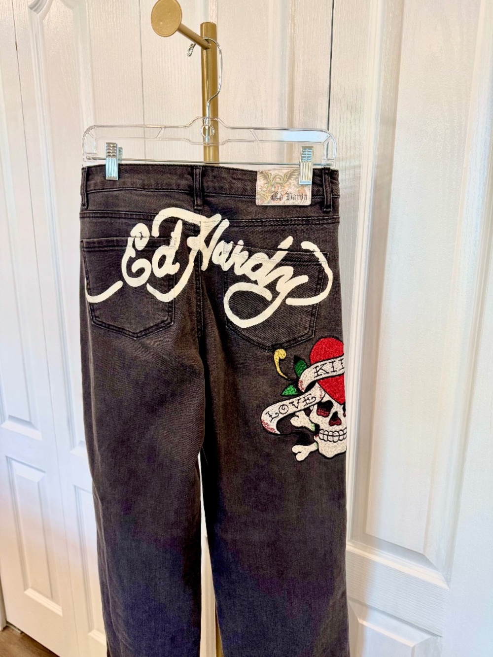 Women's, Size Small, Ed Hardy LKS Skull" Wide Leg Faded Black Jeans